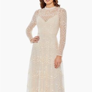 Mac Duggal Sequin Long Sleeve Mesh Midi Cocktail Dress Illusion High Neck